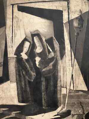 Vintage abstract art three nuns Ink & pen charcoal outside art 1950-1970 mid