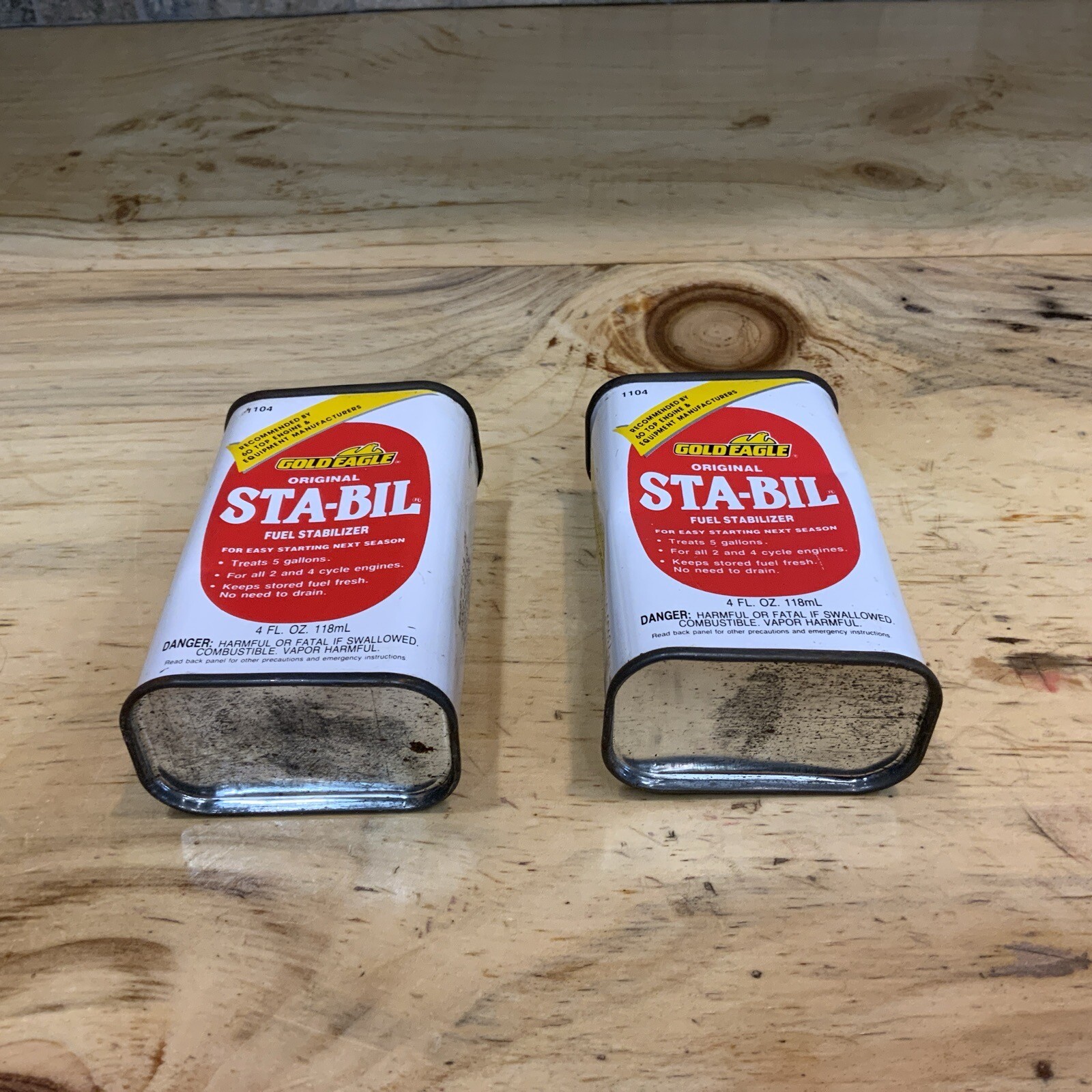 Set Of 2 Vintage Gold Eagle Sta-Bil Oil Can Tin Fuel Stabilizer 4 oz Chicago