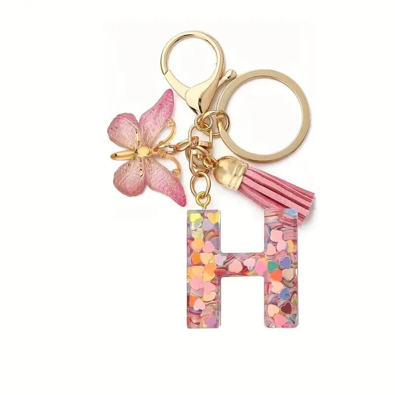 Pink Butterfly Initial Letter H Keychain Pendant Resin Keychain