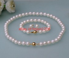 AA 7-8mm Black White Cultured Pearl Necklace Bracelet Earring Jewelry Set 18/7.5