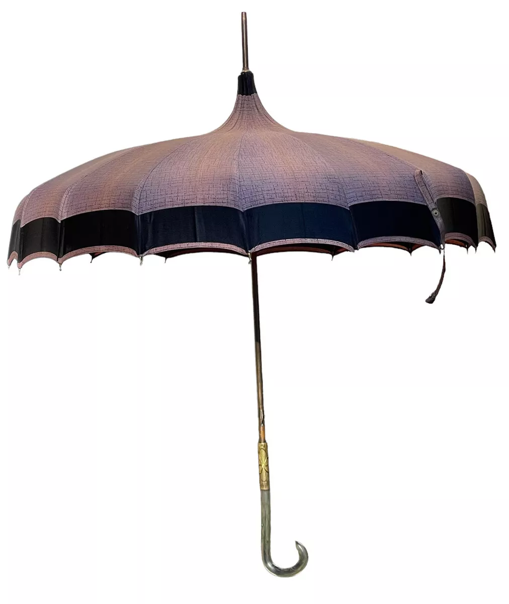 vintage pagoda umbrella With Cover Copper Lucite Handle Pink black Few Loose Rib