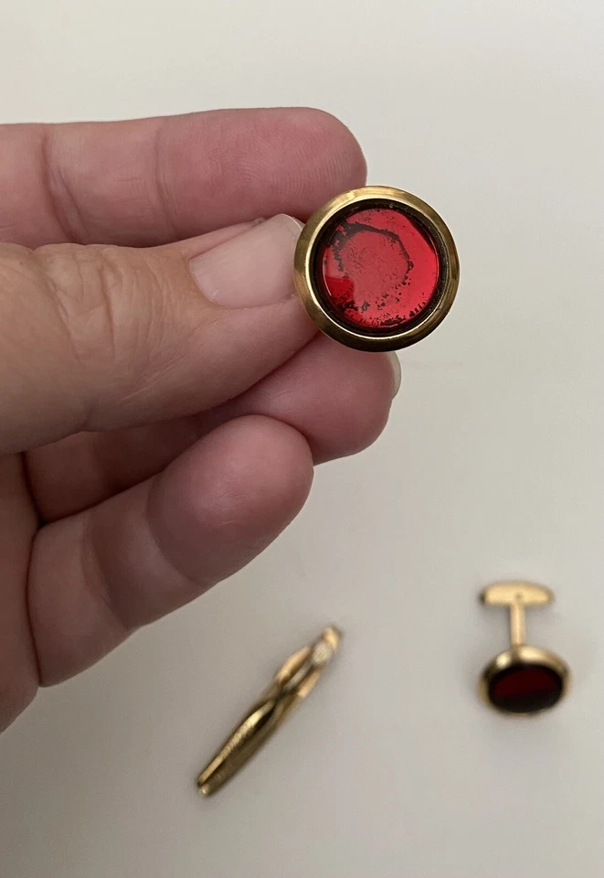 Vintage HICKOK Red Ruby 1/40 10K RGP Gold Cuff Links + SWANK Tie Clip - Image 3 of 4