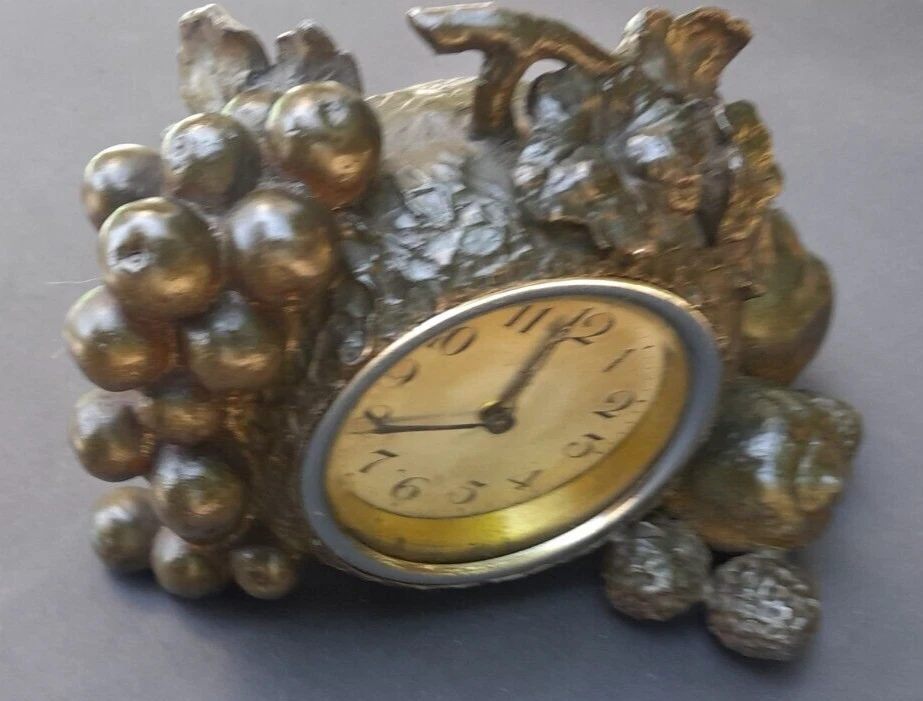 Antique Painted Spelter Small Table Clock w Fruit Design For PARTS / REPAIR - Image 3 of 4