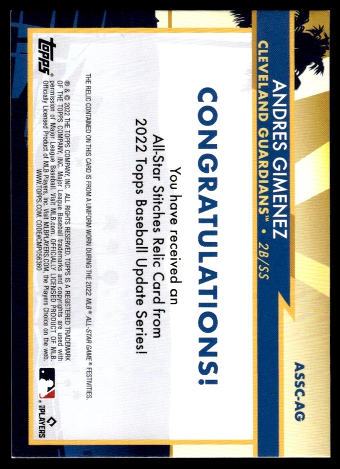 2021 TOPPS ALL STARS JERSEY Andres Gimenez Cleveland Indians #86BR-AG - Image 2 of 2