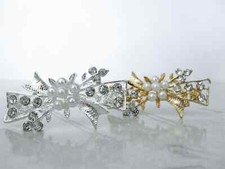 Silver or gold flower bow and leaf pearl crystal hair pin clip barrette