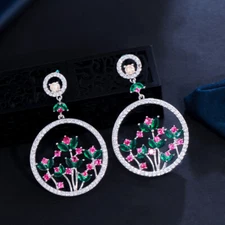 Silver Plated Cubic Zirconia Hot Pink Geometric Long Flower Dangle Drop Earrings