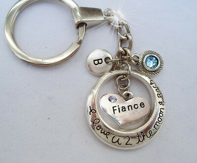 Fiance I Love U 2 the Moon and Back Keychain w-Birthstone Crystal & Letter Charm