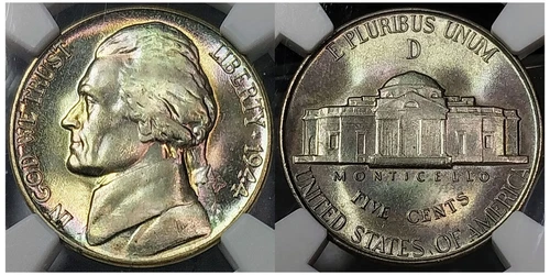 1944-D NGC MS67 5FS Jefferson Silver Nickel - Gorgeous Color Toned Lustrous Gem