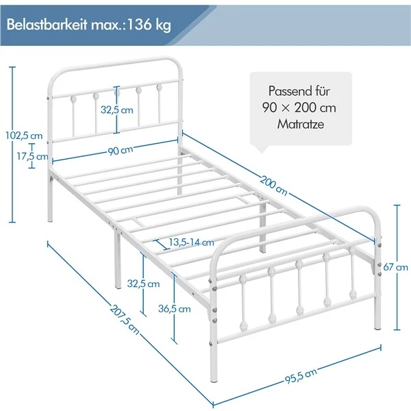 Stabiles Metallbett Bettgestell Lattenrost Bettrahmen 90 x 200 cm Weiß WIE NEU - Bild 2 von 4