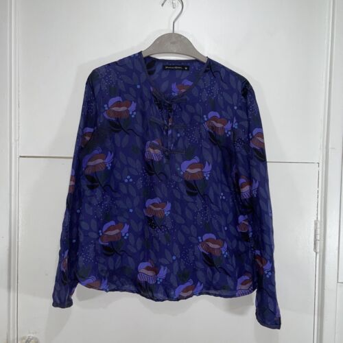 Gudrun Sjoden Blouse Top Pure Silk Blue Water Leaf Print Size Medium