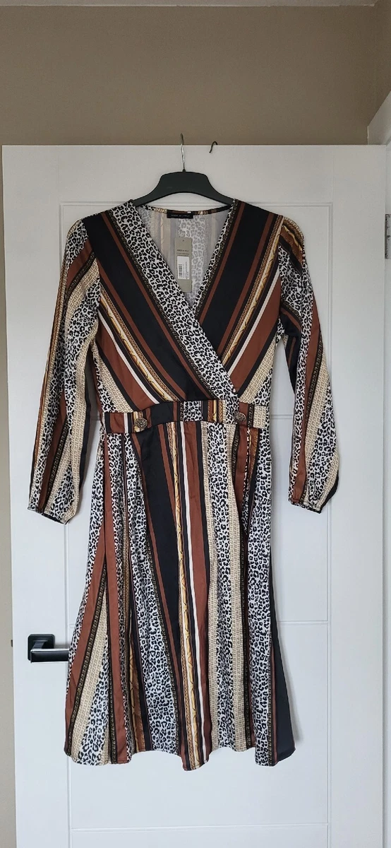 Leopard stripe button clearance front midi dress