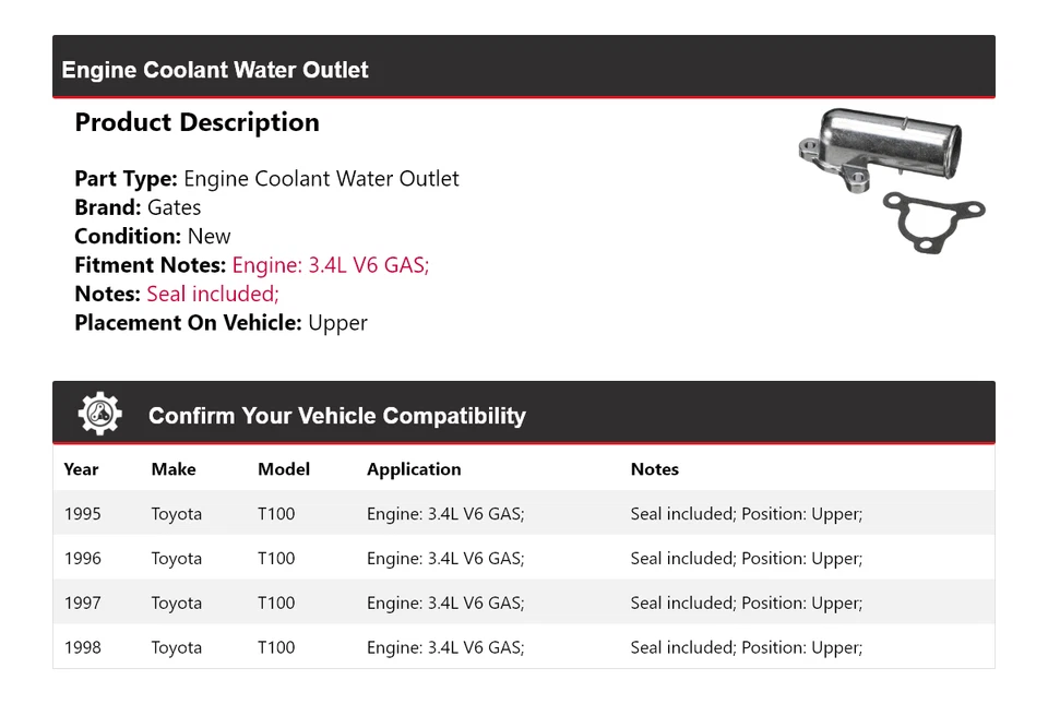 Для 1995-1998 Toyota T100 3,4 л V6 газовый двигатель охлаждающая жидкость выход воды верхние ворота - Изображение 2 из 4