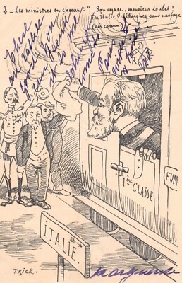 AK COMIC SATIRE (FRANZÖSISCH) ZUG ABFAHRT ITALIEN IM CHOR 2 TRICK 1904