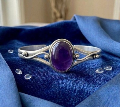 Amethyst gemstone Cuff bracelet 925 Sterling silver Artisan bangle gift for her