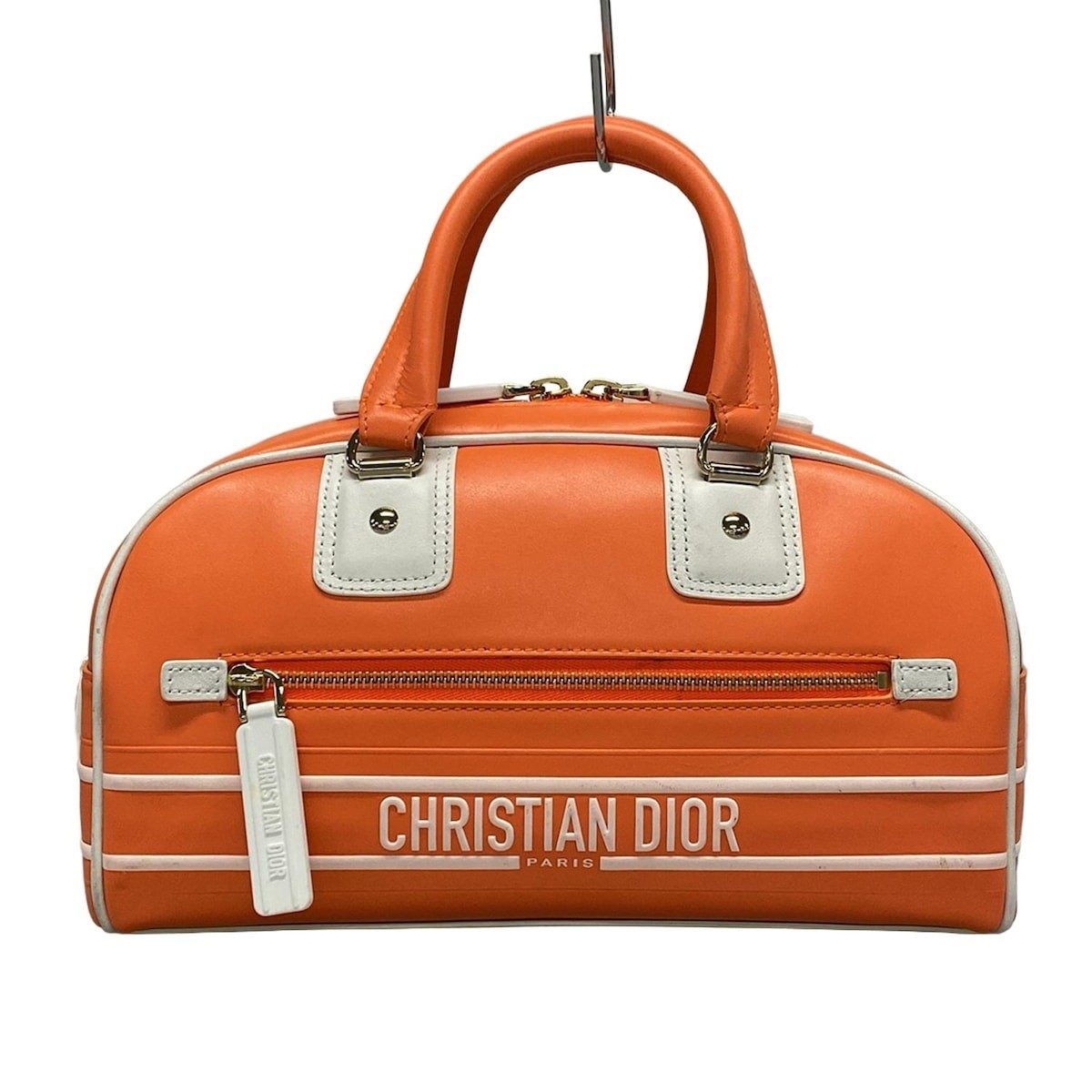 Dior Vibe Small Orange White Leather Bowling Bag with Rubber Trim