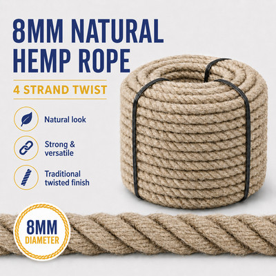 8 mm Naturhanfseil gedreht 4 Strang 100 % traditionell zum Selbermachen Makramee Längen