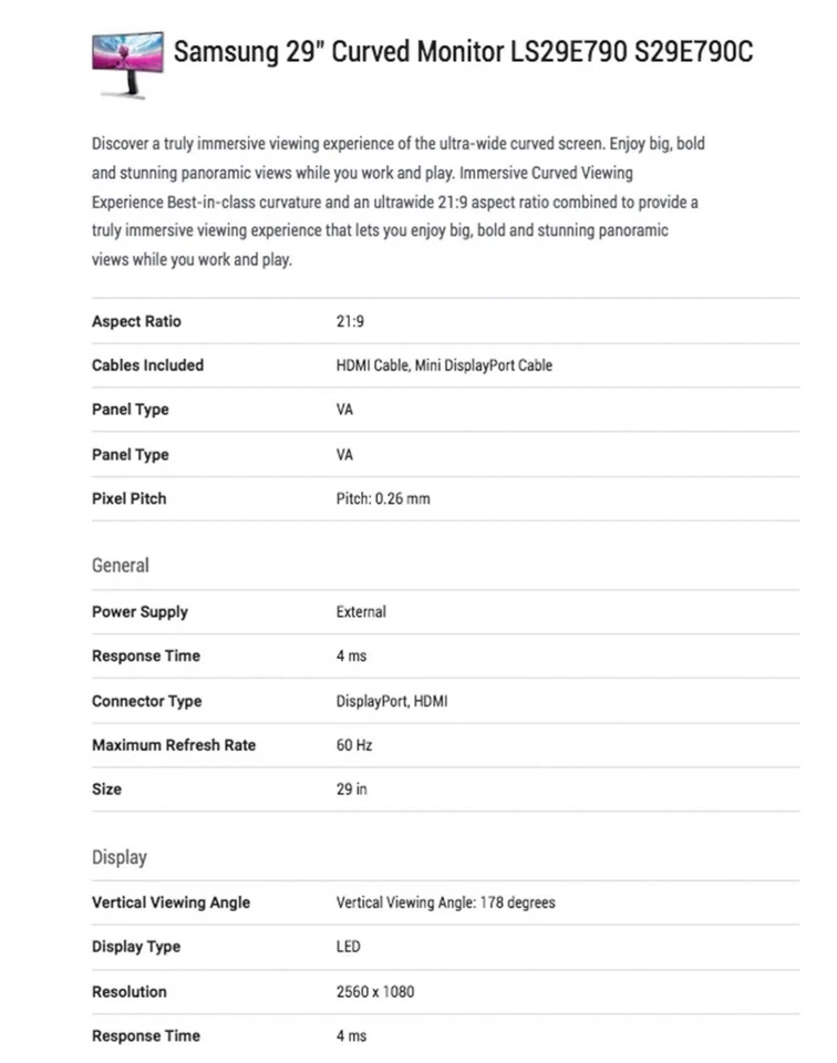 SAMSUNG S29E790C 29-Inch ULTRAWIDE 2560x1080 LED CURVED MONITOR  - Image 3 of 4