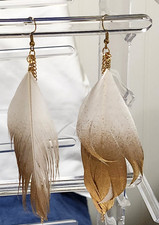 Gold and White Feather Earrings with Gold-Toned Metal Handcrafted