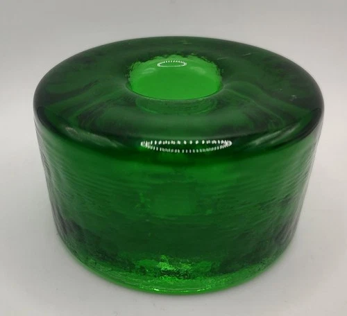 Vintage Blenko Emerald Green Glass Candle Stick Holder Heavy Round Puck