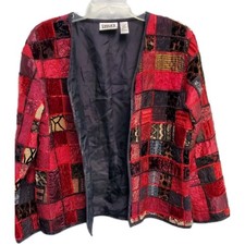 Chico  s Vintage Patchwork Open Crushed Velvet Silk Jacket Red Black Size 1 8 