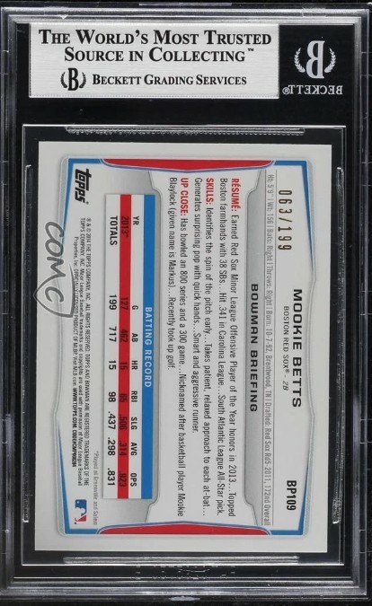 2014 Bowman 1st Prospect Rookie /199 Green Paper #BP109 Mookie Betts RC SP BGS 9 view 17