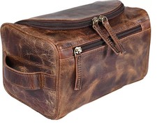 Genuine Buffalo Leather Toiletry Bag Travel Dopp Kit Shaving Case For Men Women