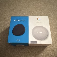 Amazon Echo Pop Smart Speaker and a Google Nest mini.
