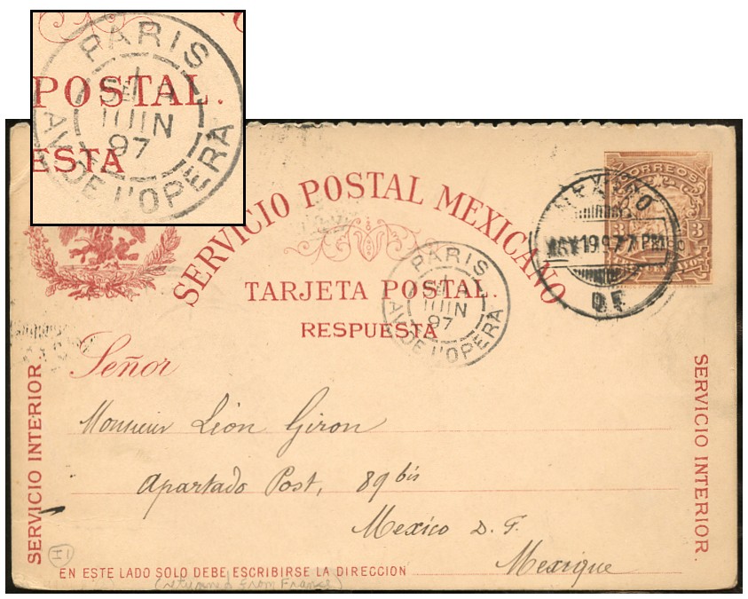 MEXICO 3¢ PERF 6 REPLY ½  PSC JUN 1897 PARIS - DF  PC87
