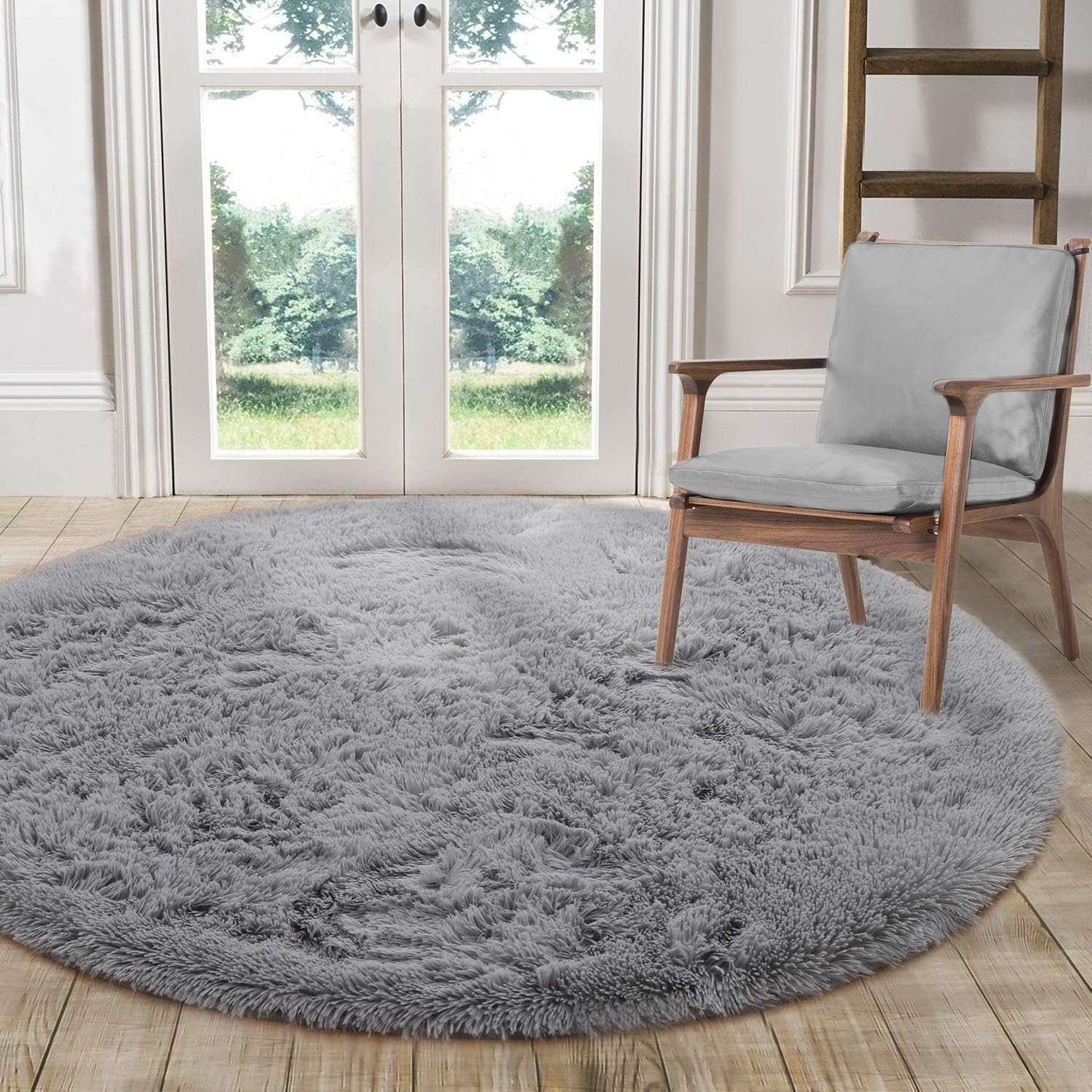 Tapis rond shaggy gris de salon 140 cm tapis de chambre ultra doux