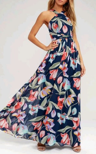 Maxi abito Lulu's Lilja blu navy stampa floreale chiffon collo alto nuovo con etichette taglia XS floreale