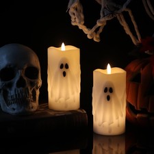 Halloween Ghost Flameless Pillar Candles with Remote Timer, Battery Operated LED
