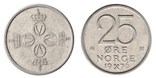 Norway 25 Ore, 1974-1982, KM #417, XF-Extremely Fine