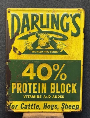 Vtg Darling s Protein Block Livestock Feed Metal Ad Sign 23.5  Hog Cattle Sheep