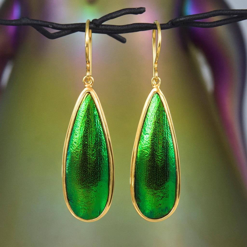 Green Jewel Beetle Wing Earrings in Gold Vermeil & Sterling Silver Handmade 4.65g-image