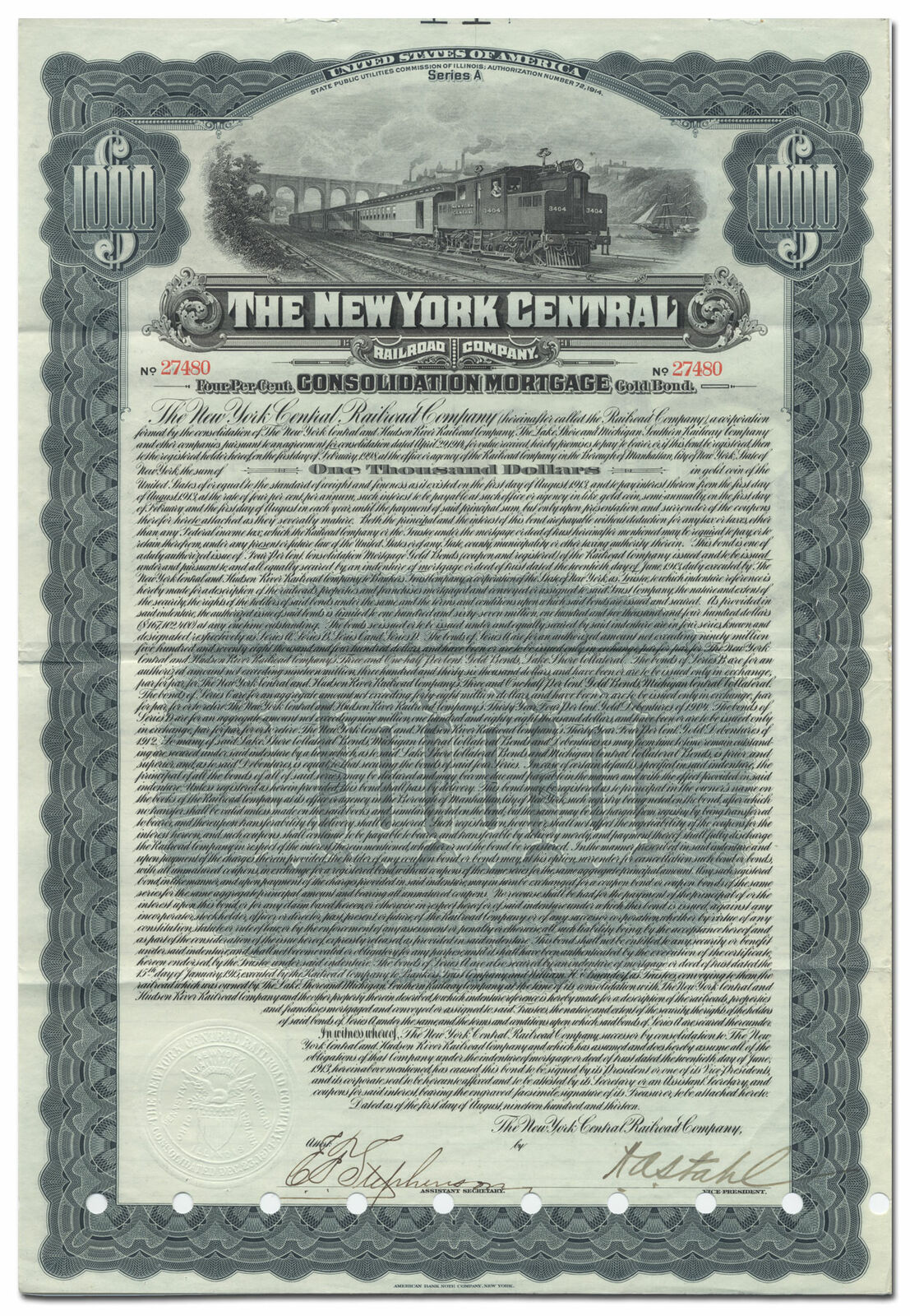 New York Central Railroad Company Bond Certificate - High Bridge