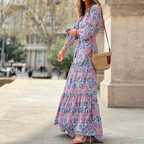 Damen Drucken Boho Partykleid Maxikleid V-Neck Herbstkleid A-Linie Freizeitkleid - Bild 13 von 19
