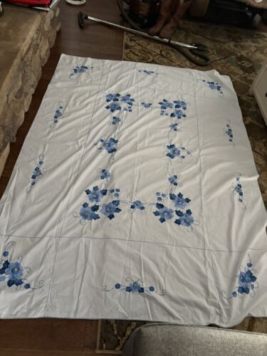 blue and white tablecloth rectangle 120” X 64”