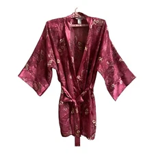 Women's Delicates Pink Robe 2XL Floral Semi Sheer Front Tie Silky Short Lingerie
