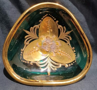Murano grün Glas Dreieck 3-seitig Schale Schale Blumen gold handbemalt 11 cm