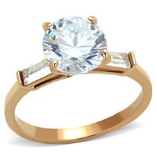 Rose gold ring three stone 2 carat baguettes engagement cz steel