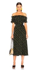Rixo Bella Daisy Bunch Black Green Floral Bardot Midi Dress Size XS