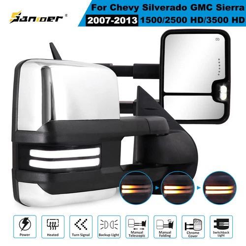 Chrome 2007-2014 Silverado Sierra Tow Mirrors Power Heated LED Switchback Light