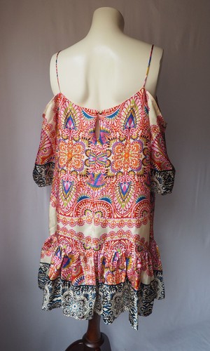 Artelier Nicole Miller 100% Silk Dress Cold Shoulder Peplum Boho Colorful L $330 - Picture 3 of 9