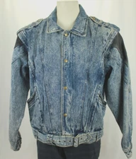 VINTAGE 90'S JERICO ACID WASH LEATHER TRIM JEAN DENIM JACKET BELTED SIZE M VGC!