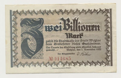 Wetzlar 2 Billionen Mark 1. November 1923 Notgeld aus Rheinland ( 1081-B - Bild 1 von 2