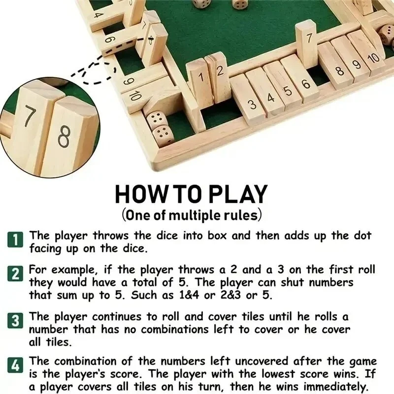 4 Players Shut The Box Wooden Traditional Pub Dice Family Kids Childrens Game UK - Image 3 of 4
