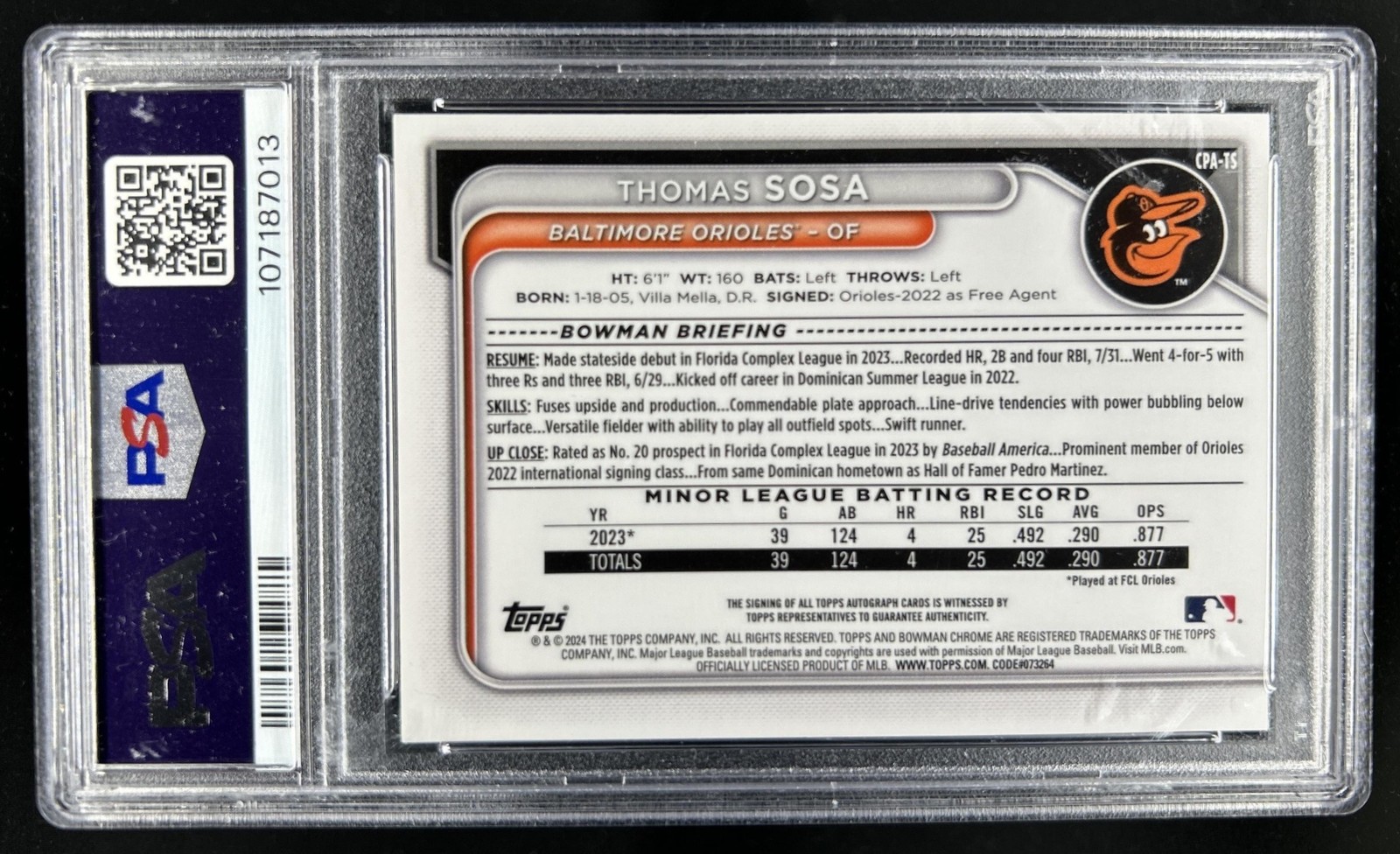 2024 Bowman Chrome Thomas Sosa Auto Orange Shimmer Refractor /25 PSA 9 Authentic view 2