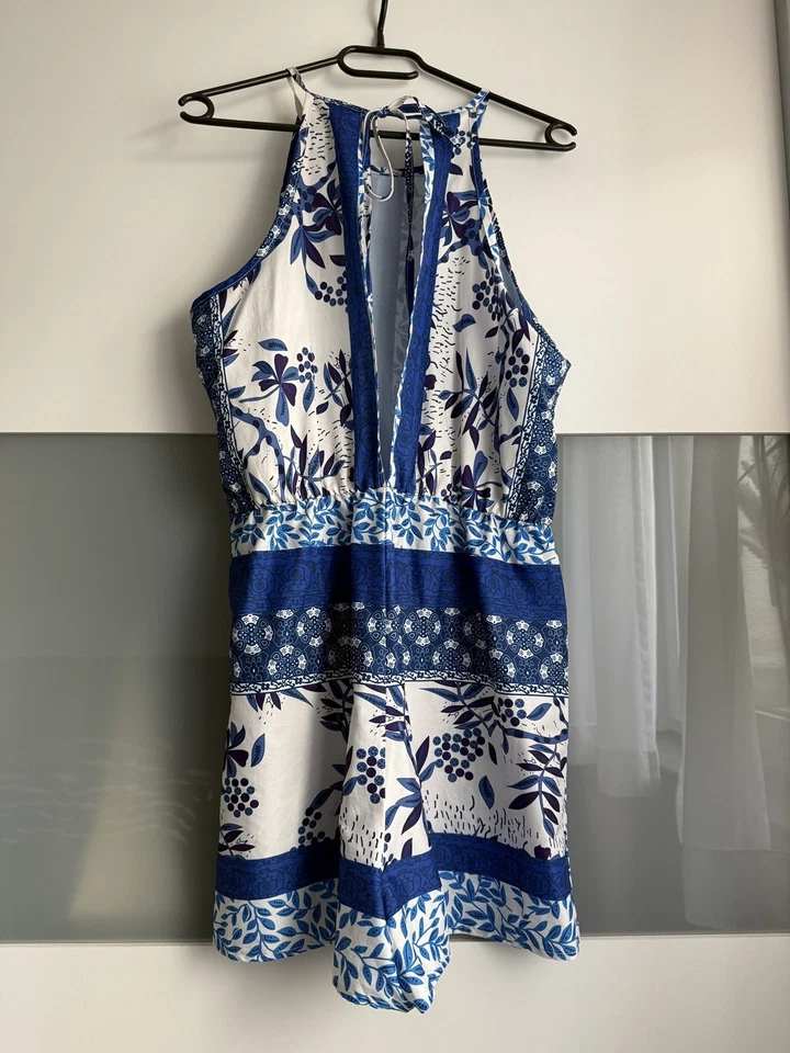SHEIN Jumpsuit Einteiler 38/M Blau Weiß Top Short Hose Overall Neckholder Binden - Bild 4 von 4