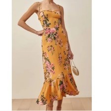 Reformation Enya Yellow Floral Midi Dress Tie Strap Ruffle Hem Smocked Back 2