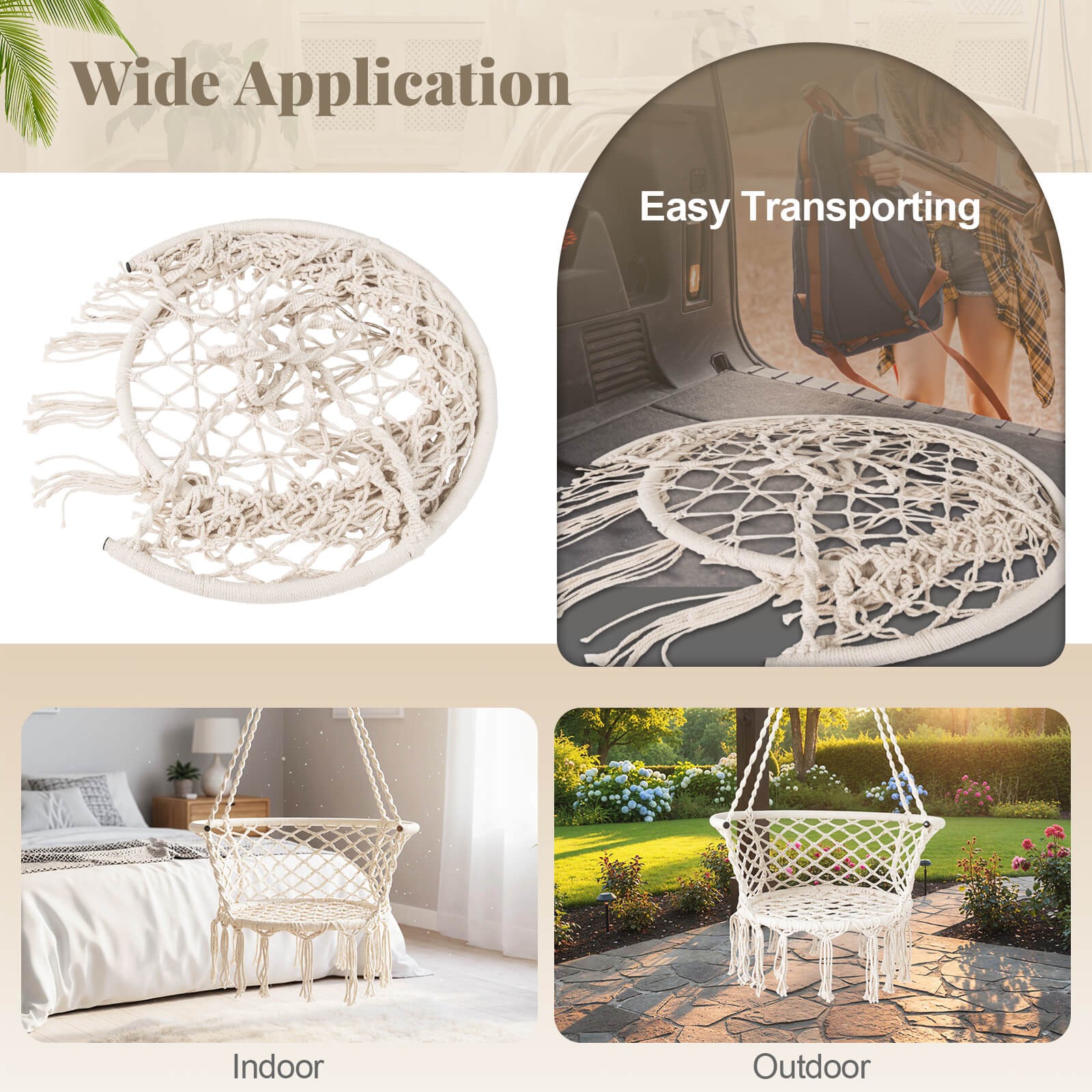 Hanging Hammock Chair Macrame Swing Hand Woven Cotton Backrest Indoor&Outdoor